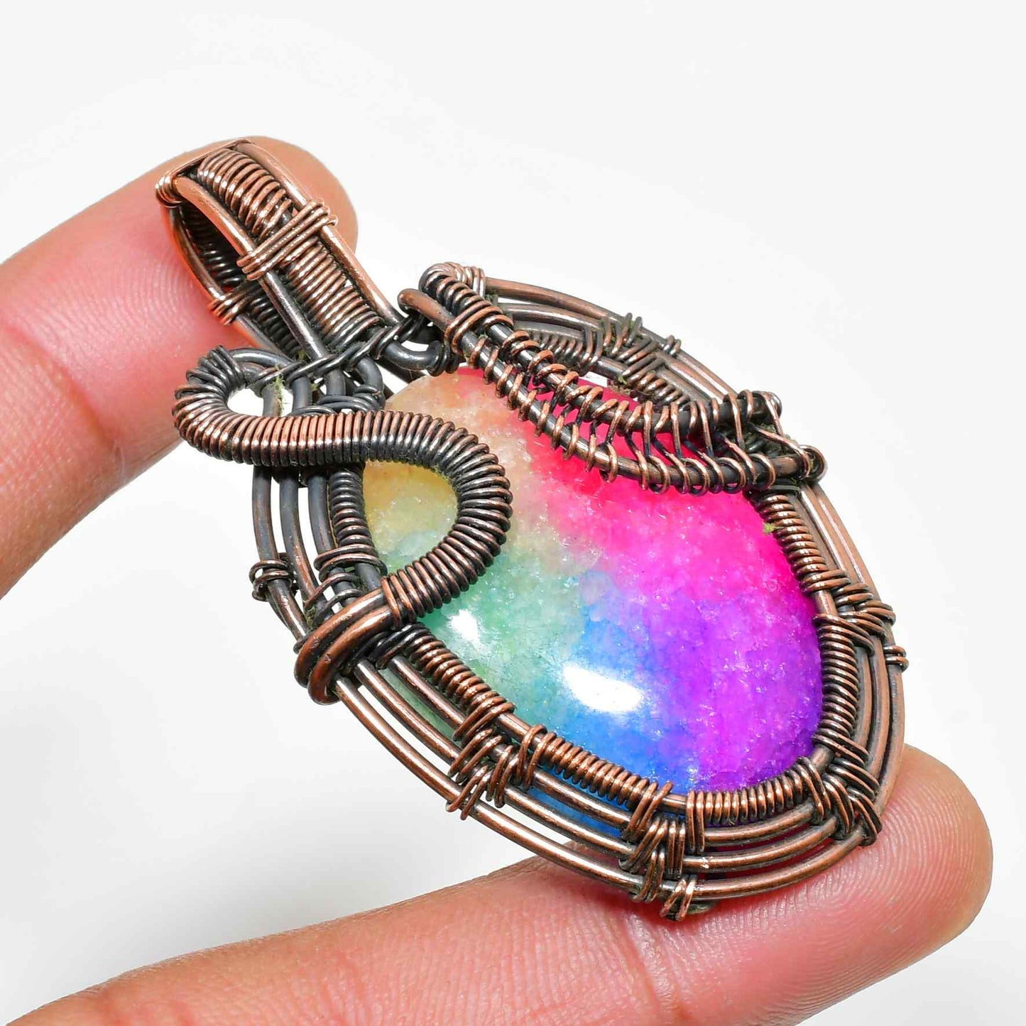 Celestial Harmony – Rainbow Aura Quartz Copper Pendant