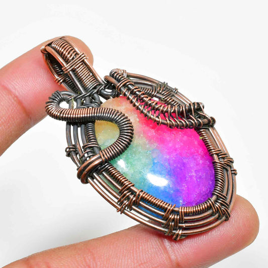 Celestial Harmony – Rainbow Aura Quartz Copper Pendant