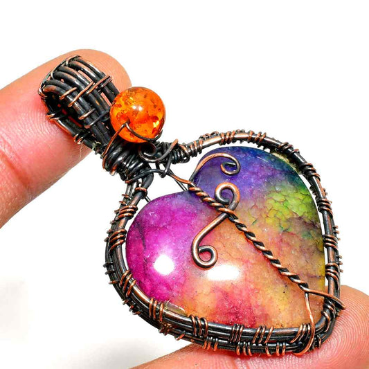 Heart’s Embrace – Rainbow Fluorite Copper Pendant