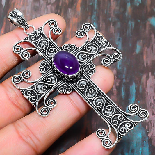 Ezra’s Veil – Amethyst Silver Cross Pendant