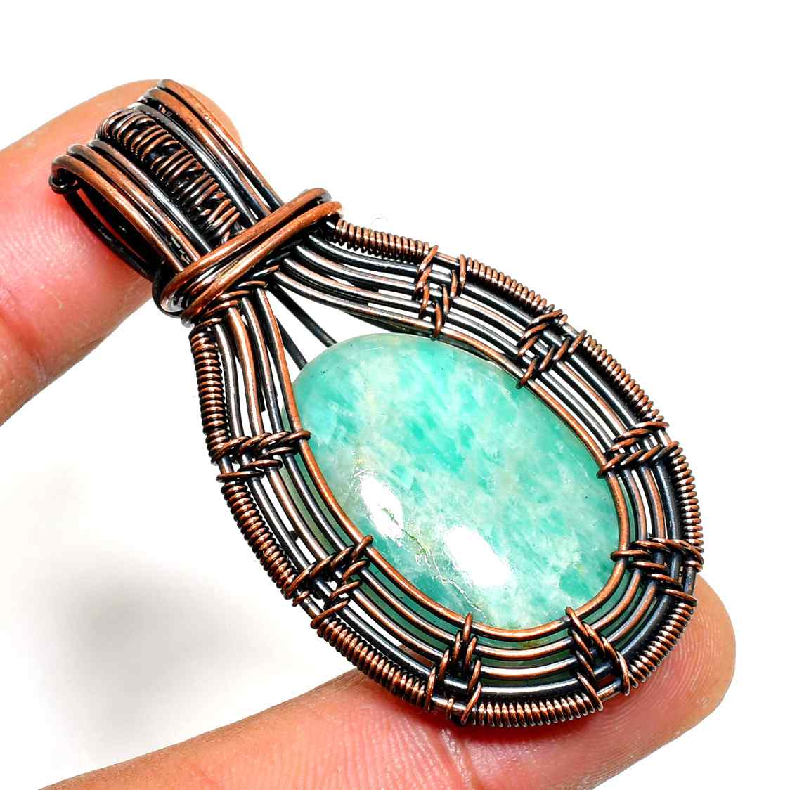 Aquamarine Embrace – Oxidized Copper Pendant