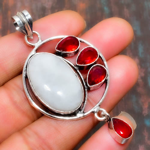 Serenity Ember – White Jade & Garnet Pendant
