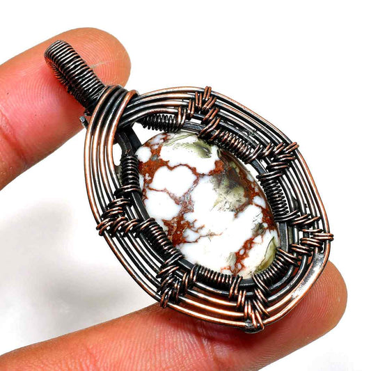 Ocean’s Embrace – Copper-Wrapped Red & White Gemstone Pendant
