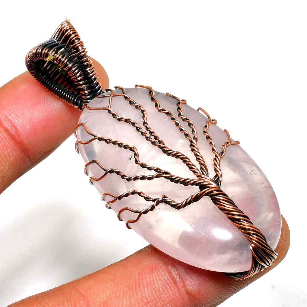 Rosewood Harmony – Rose Quartz Copper Pendant