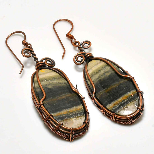 Midnight Strata – Banded Agate Copper Earrings