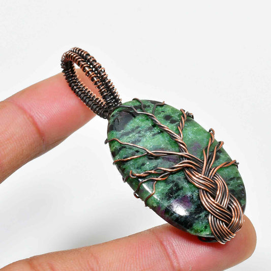 Verdant Roots – Green Gemstone Copper Pendant