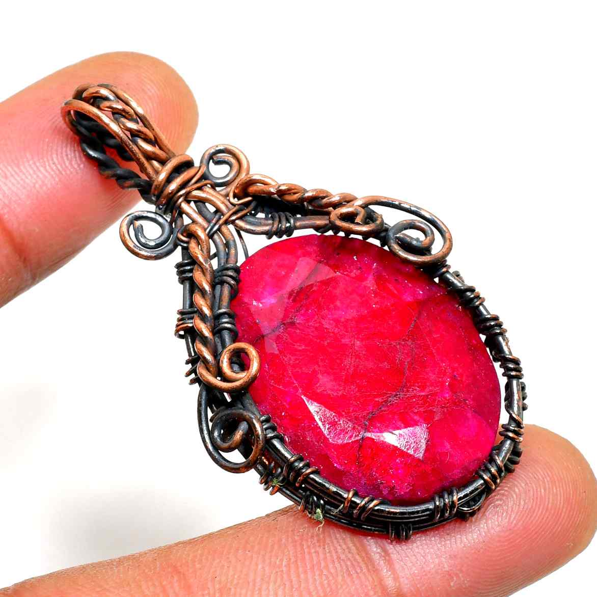 Ember’s Heart – Ruby & Copper Wire Pendant