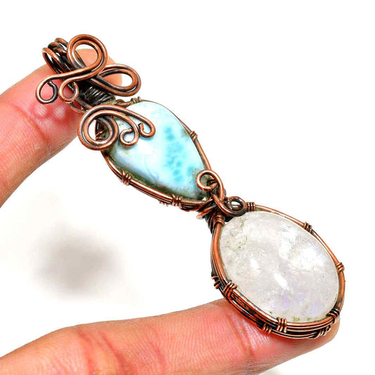 Celestial Cascade – Larimar & Moonstone Copper Pendant