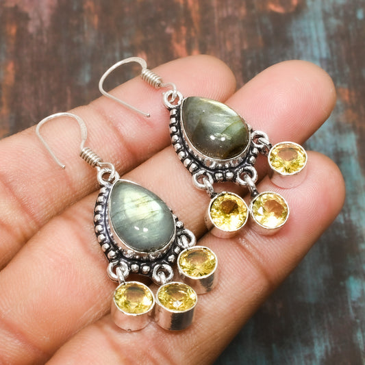 Aurora’s Gleam – Labradorite & Citrine Silver Earrings