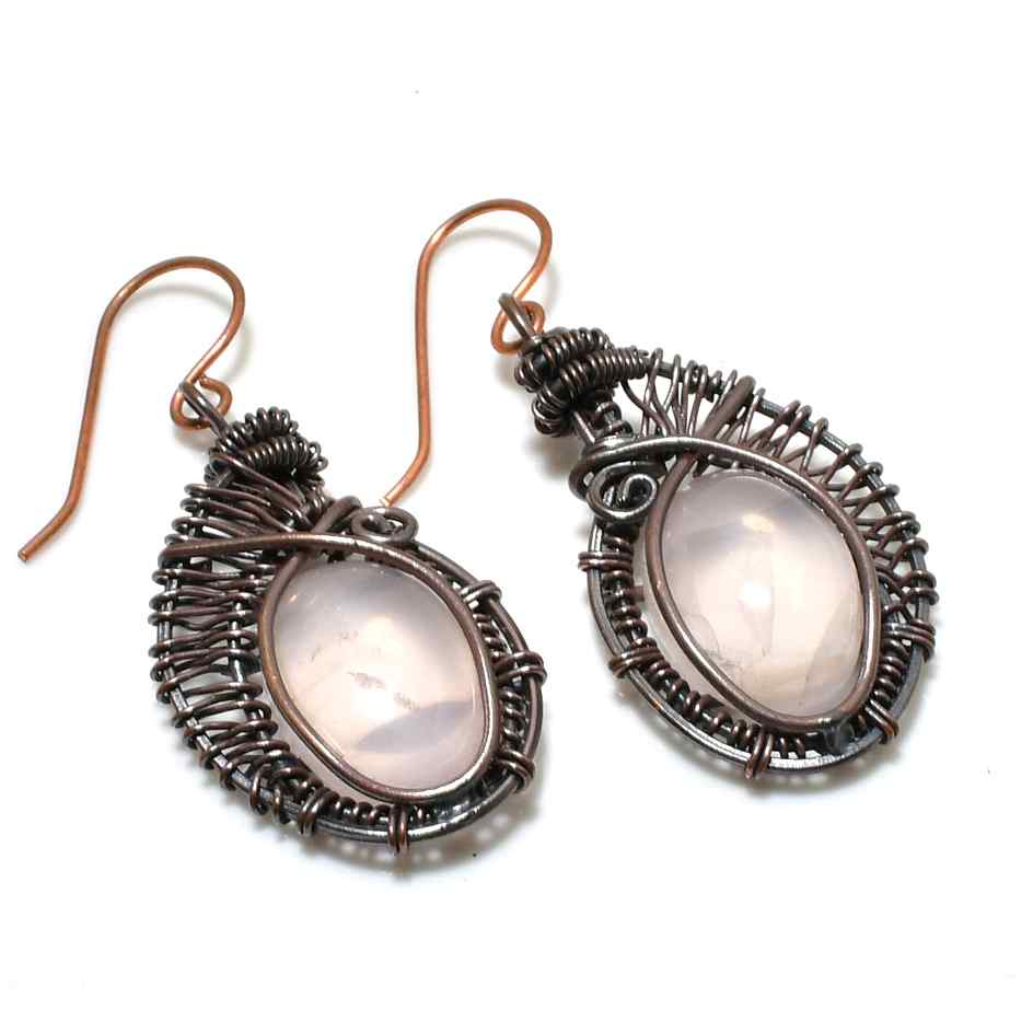 Aurora’s Heart – Rose Quartz Copper Earrings