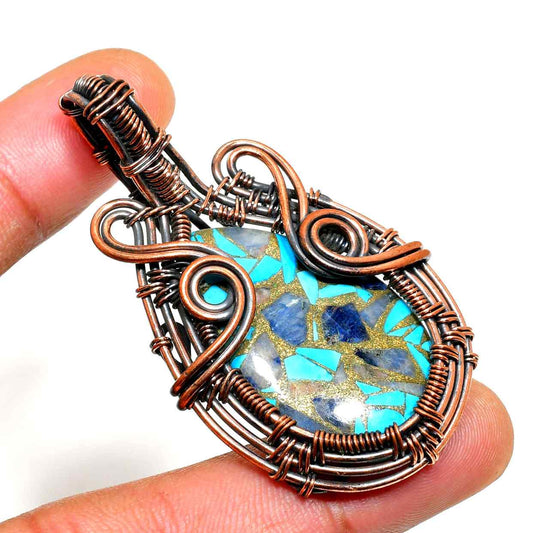 Azure Mosaic – Turquoise & Lapis Copper Pendant