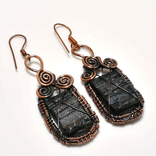 Terra’s Shield – Black Tourmaline Copper Earrings