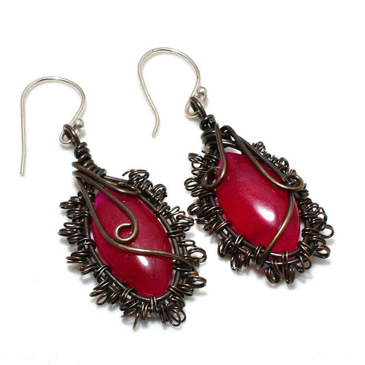 Crimson Dusk – Copper-Wrapped Red Stone Earrings