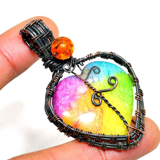 Spectrum Heart – Dyed Agate Copper Pendant