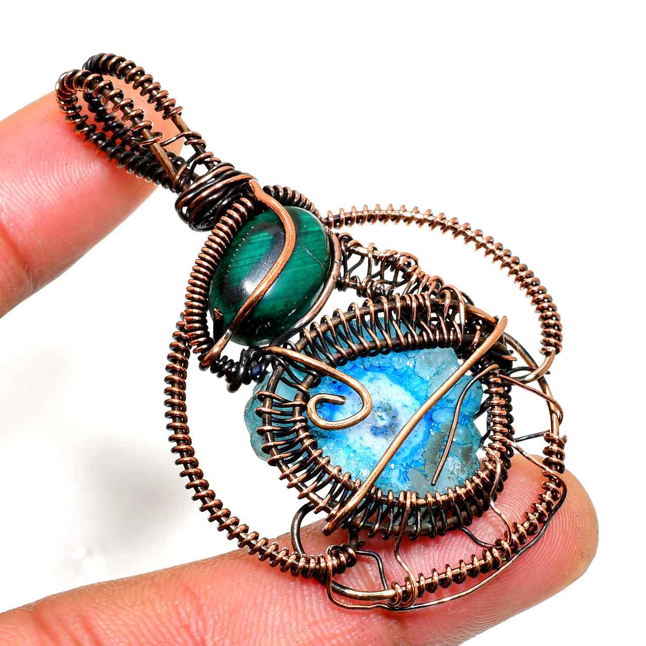 Celestial Harmony – Turquoise & Malachite Copper Pendant