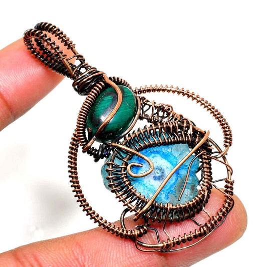 Celestial Harmony – Turquoise & Malachite Copper Pendant