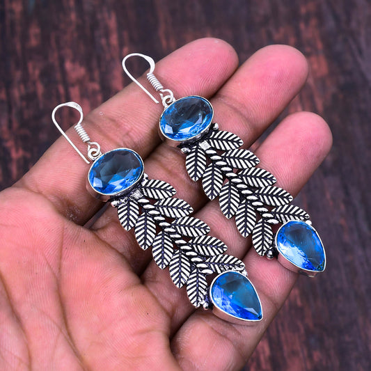Azure Leaf – Blue Topaz Silver Earrings
