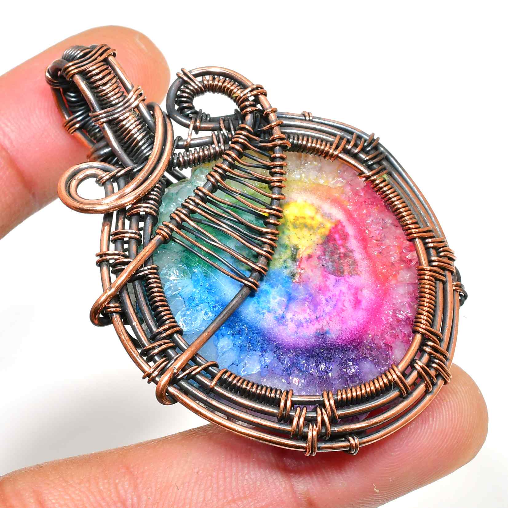 Aurora’s Prism – Rainbow Quartz Copper Pendant