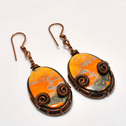 Ember Harmony – Copper-Wrapped Orange & Gray Stone Earrings