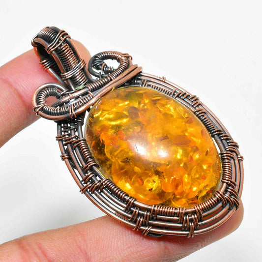 Amber Essence – Antique Copper Wire Amber Pendant