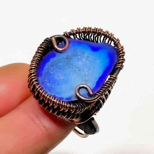 Azure Tide – Raw Blue Glass Copper Ring