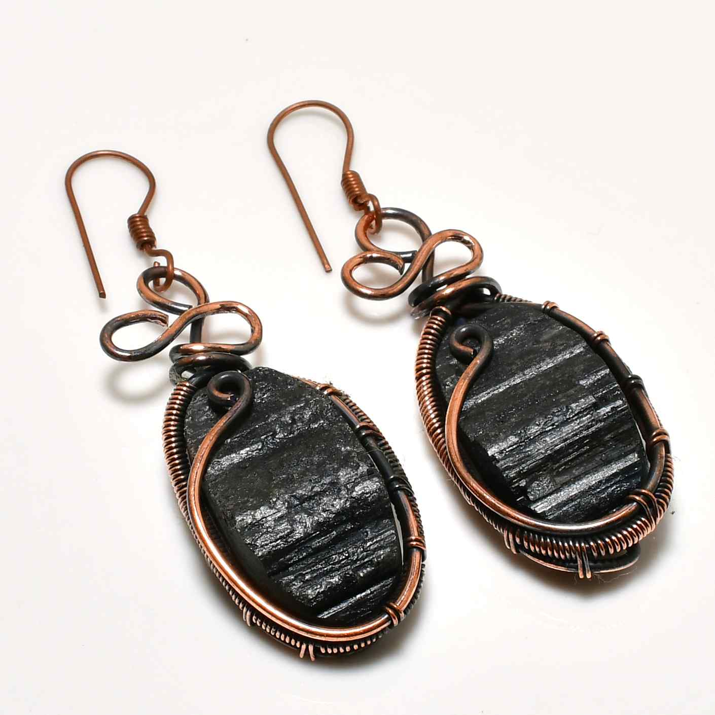 Charcoal Elegance – Black Tourmaline & Copper Wire Earrings