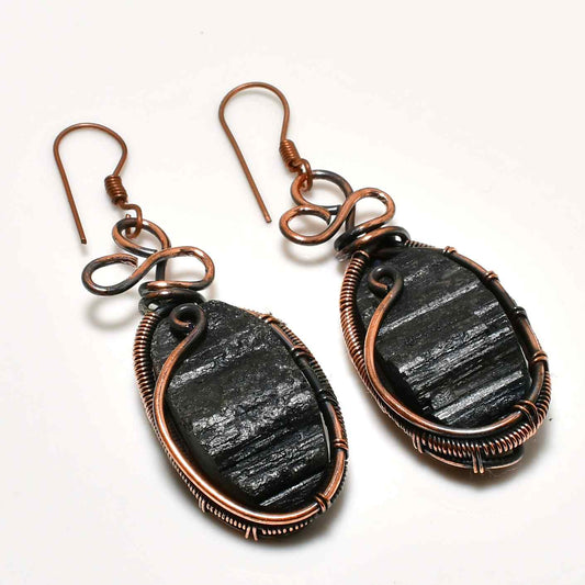 Charcoal Elegance – Black Tourmaline & Copper Wire Earrings