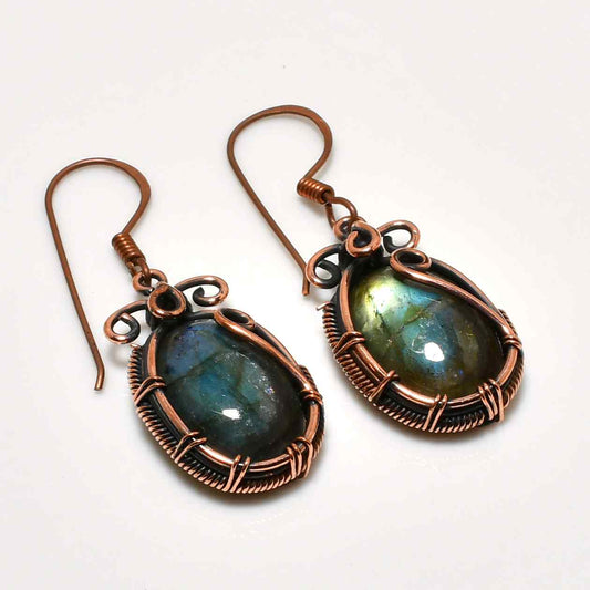 Luna’s Shimmer – Oxidized Copper Labradorite Earrings