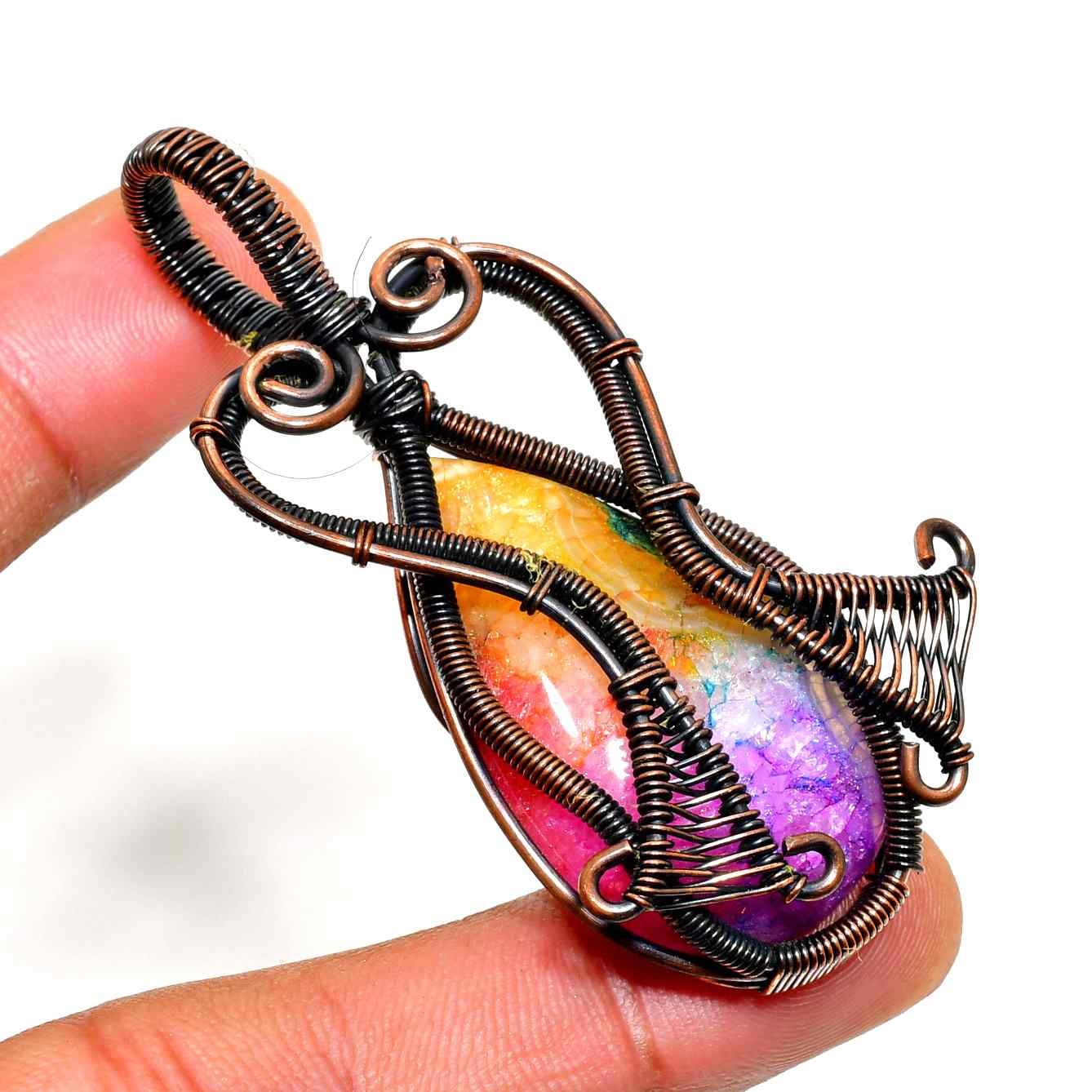 Aurora’s Embrace – Rainbow Aura Quartz Copper Pendant