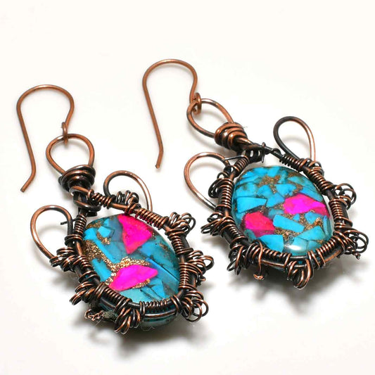 Twisted Harmony – Turquoise & Pink Opal Copper Earrings
