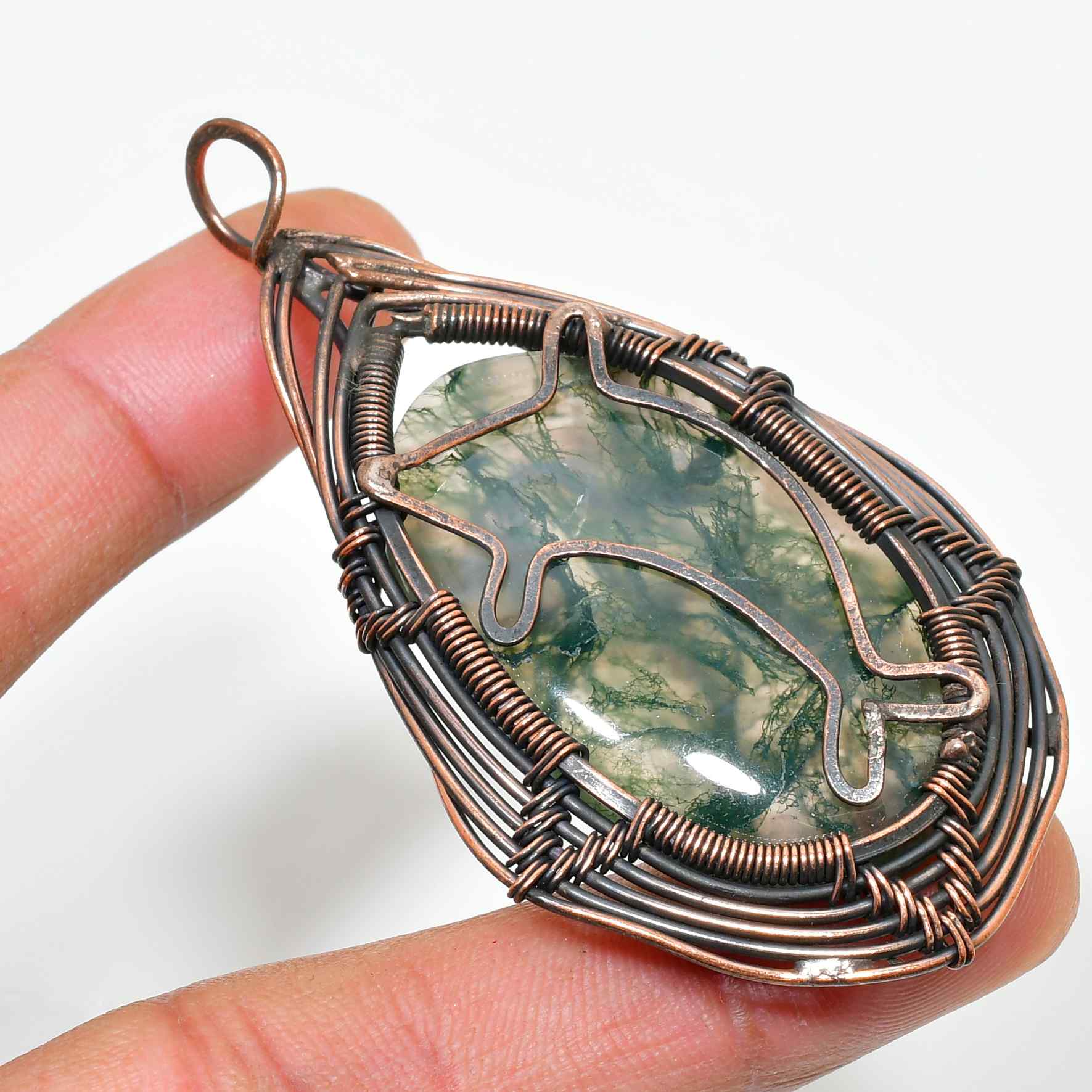 Earth’s Essence – Moss Agate & Copper Pendant