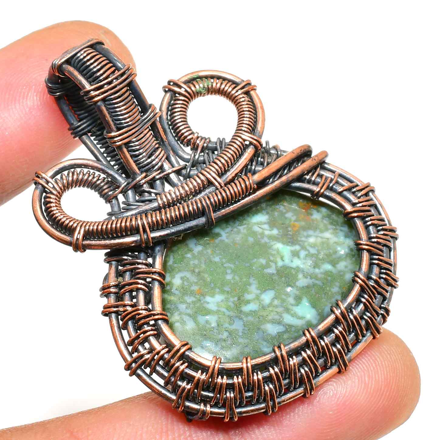 Gaia’s Embrace – Green Stone Copper Pendant