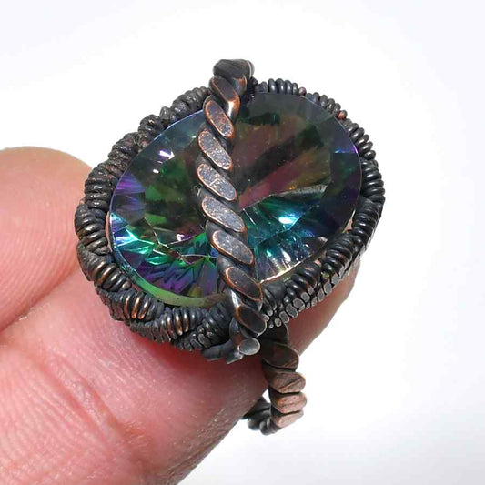 Aurora’s Embrace – Copper-Wrapped Glass Crystal Ring