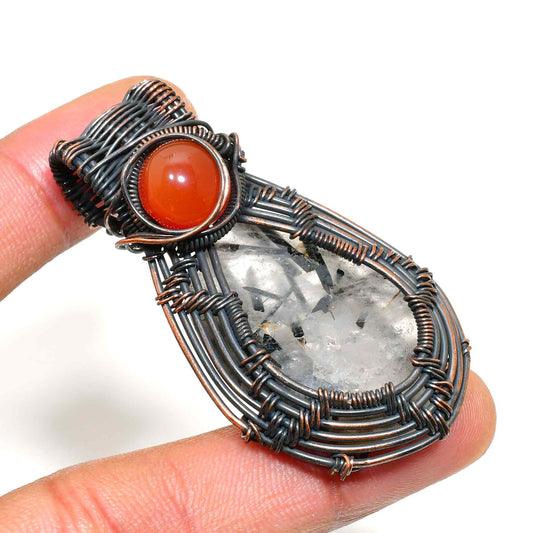 Aurora’s Flame – Clear Quartz & Carnelian Copper Pendant