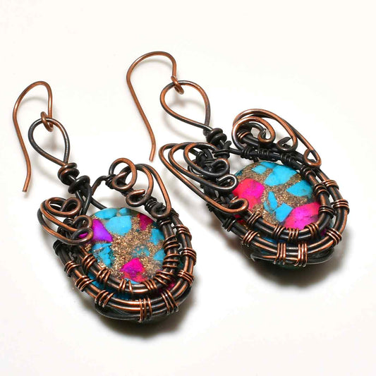 Sunset Serenade – Turquoise & Pink Copper Earrings