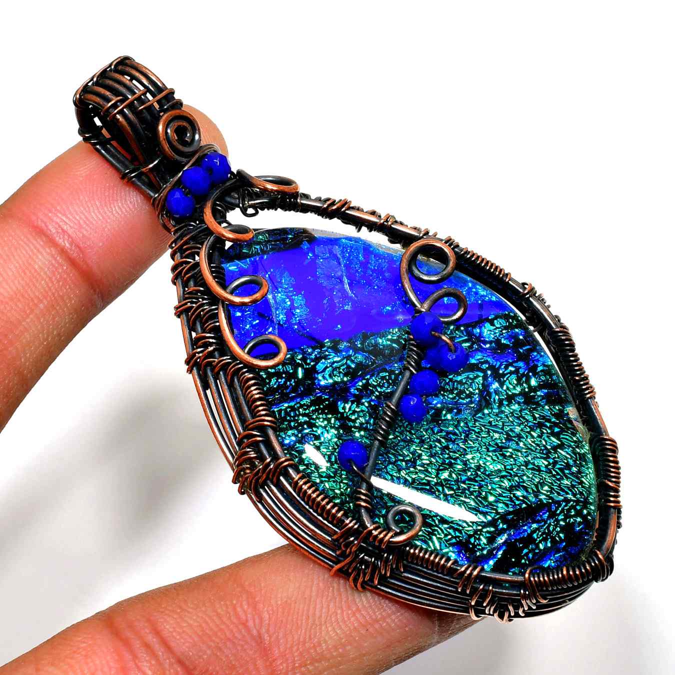 Celestial Reflection – Dichroic Glass & Copper Pendant