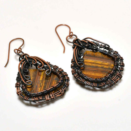 Tiger Eye Radiance – Copper Wire Earrings