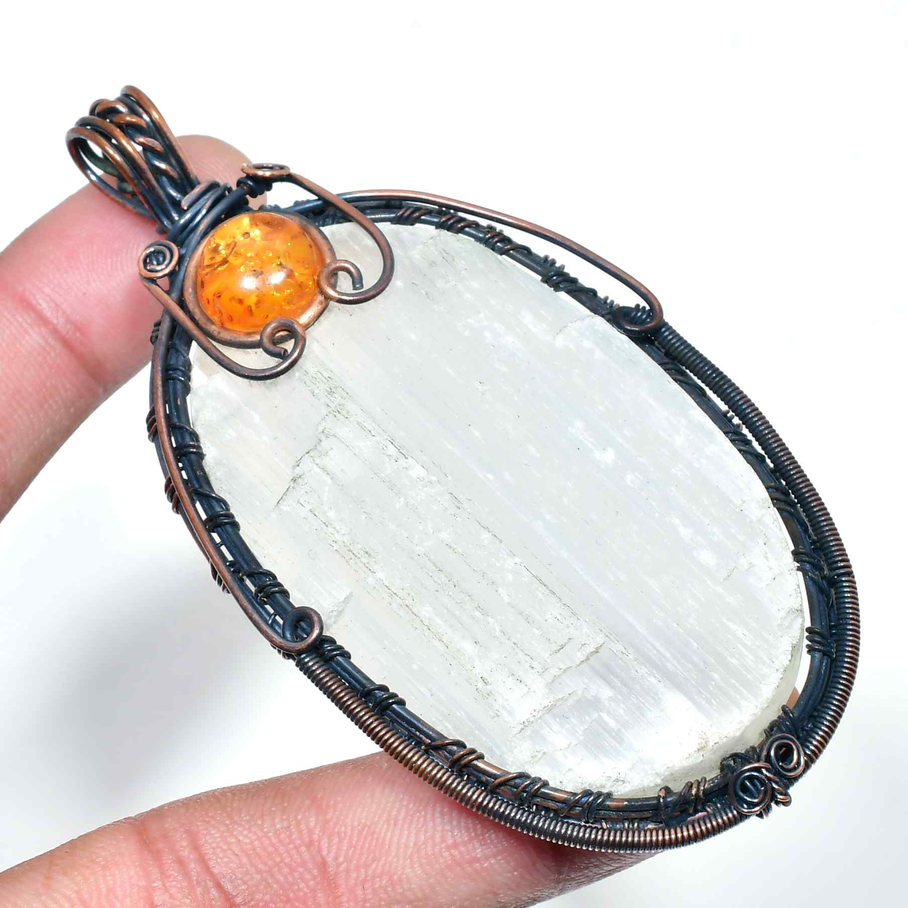 Serenity’s Embrace – Selenite & Amber Copper Pendant