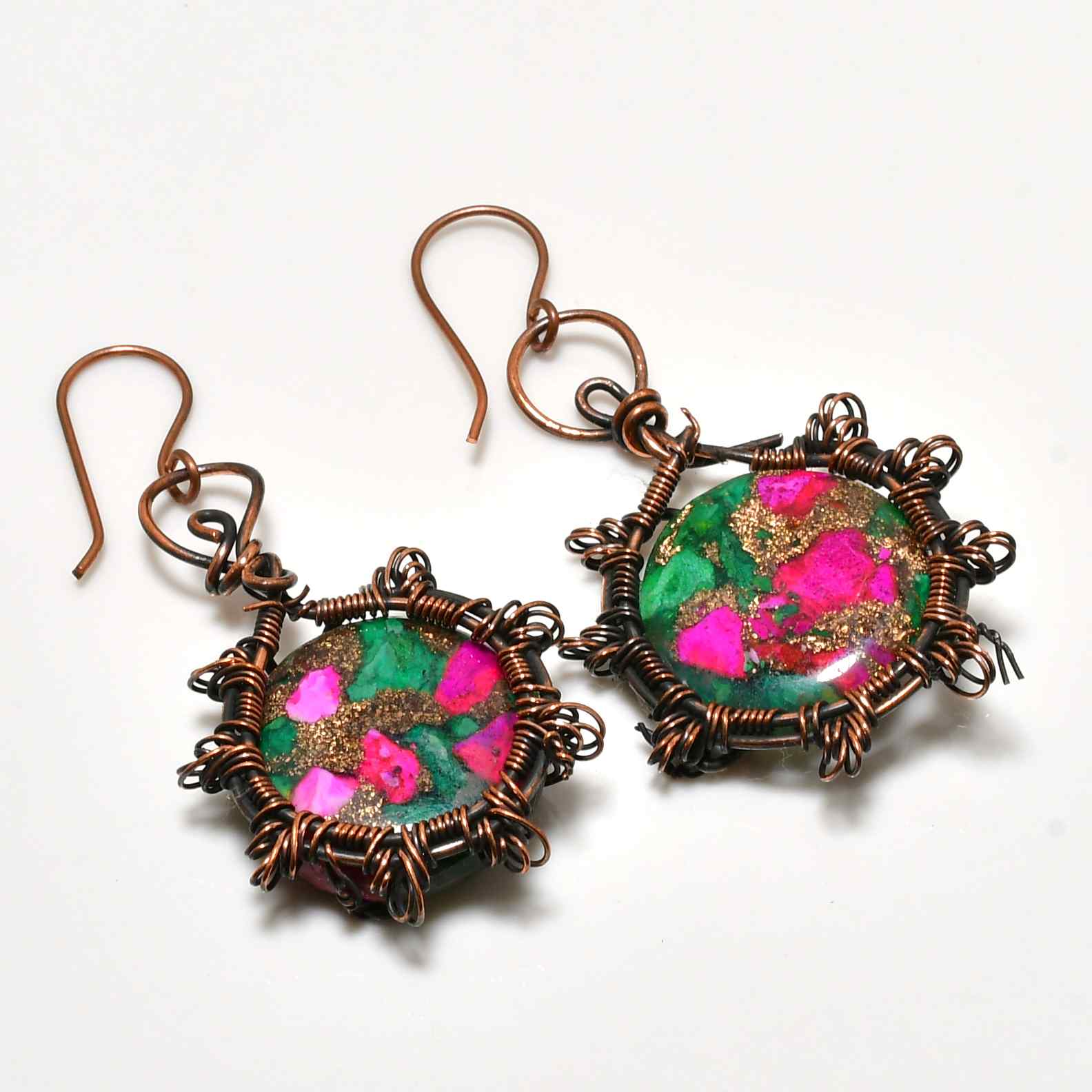 Blush & Jade Harmony – Oxidized Copper Earrings