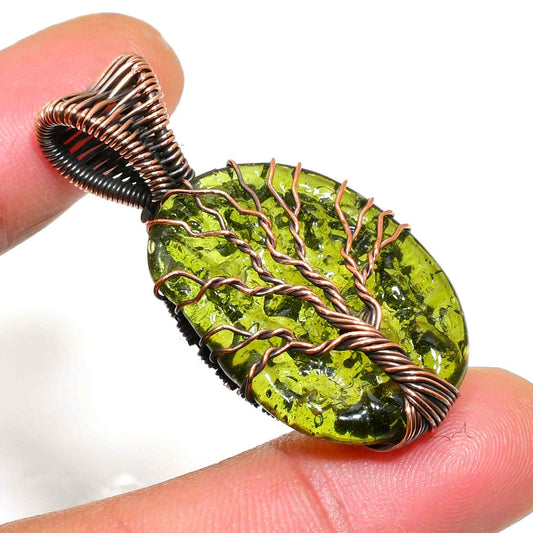 Gaia’s Embrace – Green Amber Copper Tree Pendant