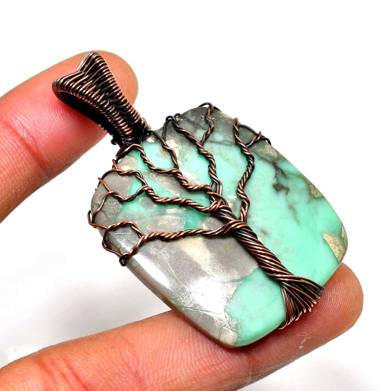 Nature’s Embrace – Green Quartz Copper Tree of Life Pendant
