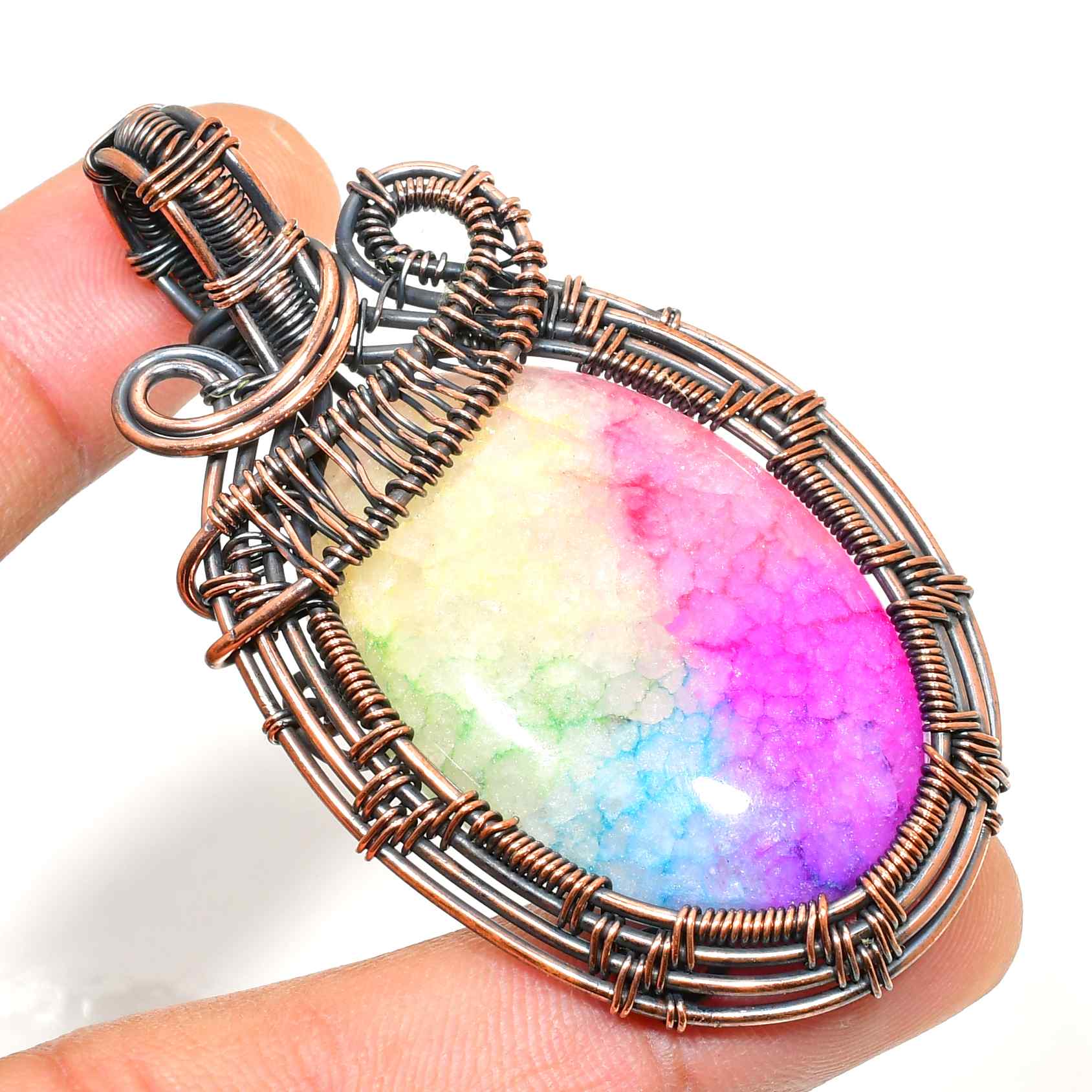 Iridescent Harmony – Rainbow Aura Quartz Copper Pendant