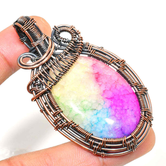 Iridescent Harmony – Rainbow Aura Quartz Copper Pendant