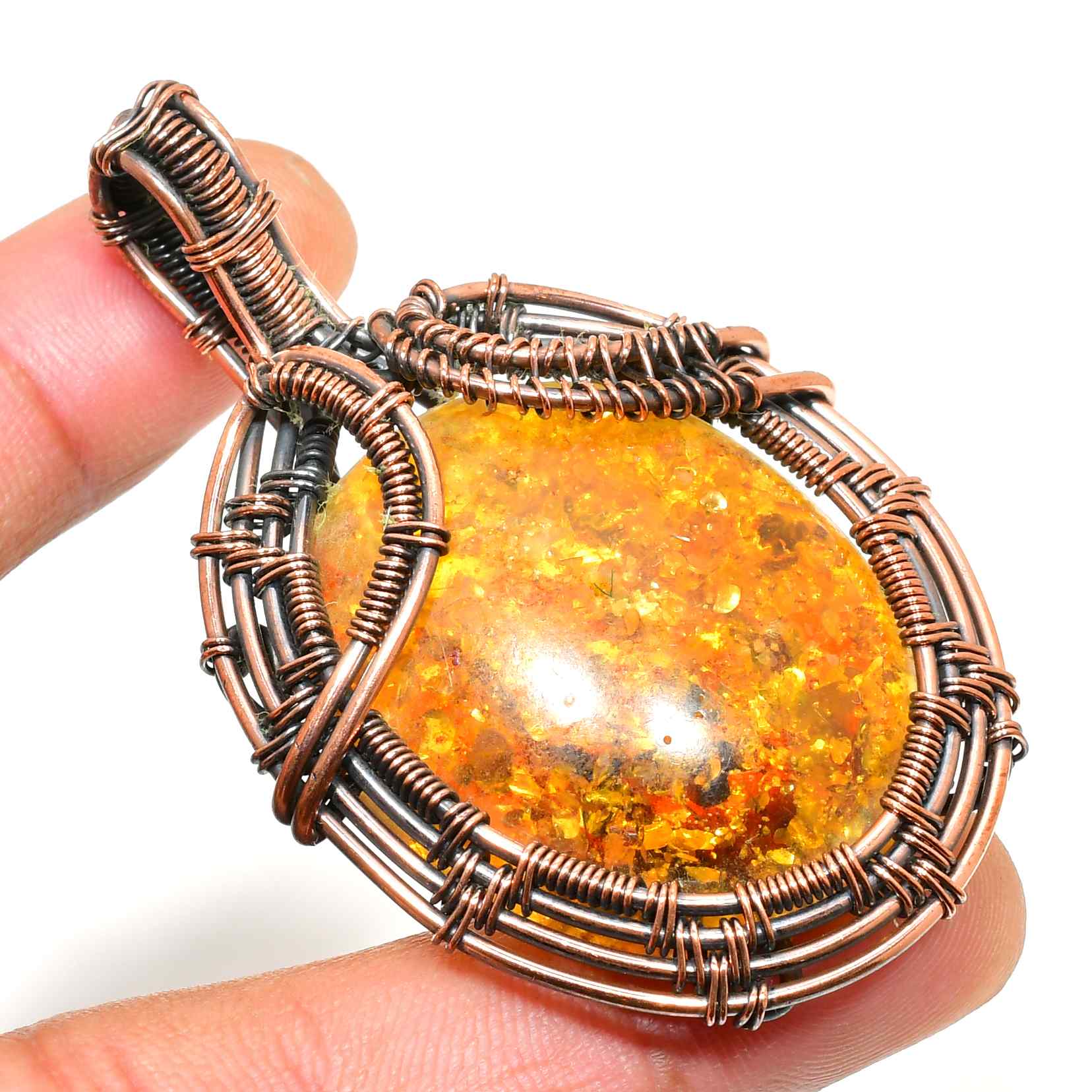 Auric Ember – Handwoven Amber & Copper Pendant