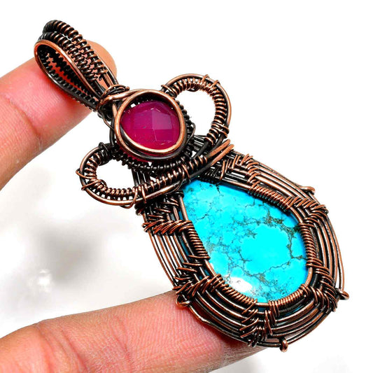 Nomad’s Embrace – Turquoise & Garnet Copper Pendant