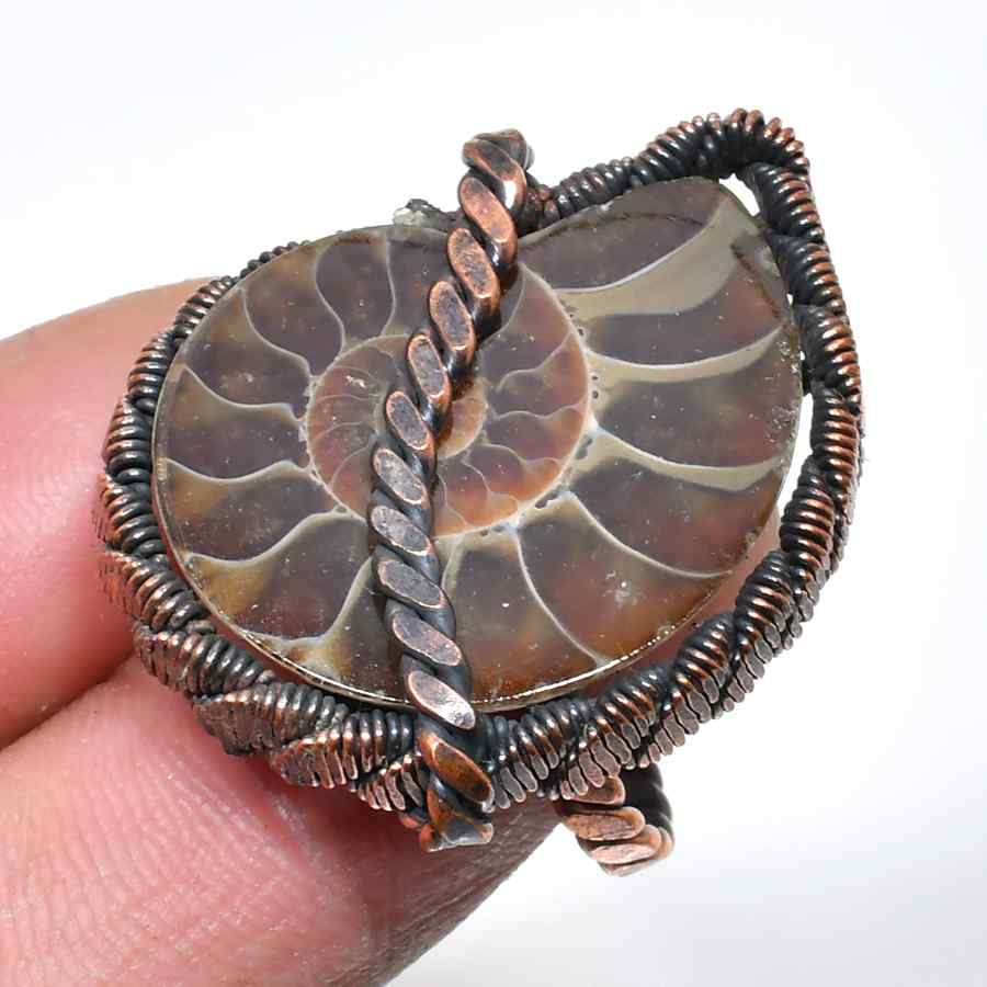 Earth’s Spiral – Copper-Wrapped Ammonite Ring