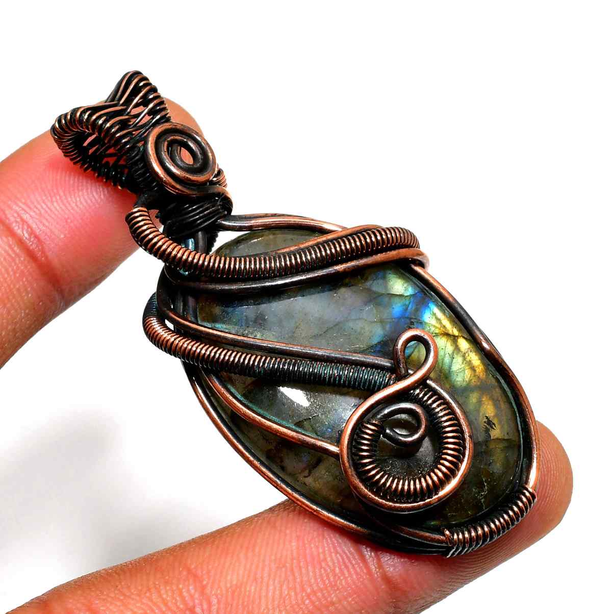 Celestial Dreamcatcher – Labradorite Copper Pendant