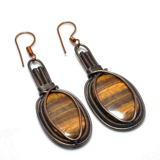 Gaia’s Sentinel – Copper-Wrapped Tiger Eye Earrings
