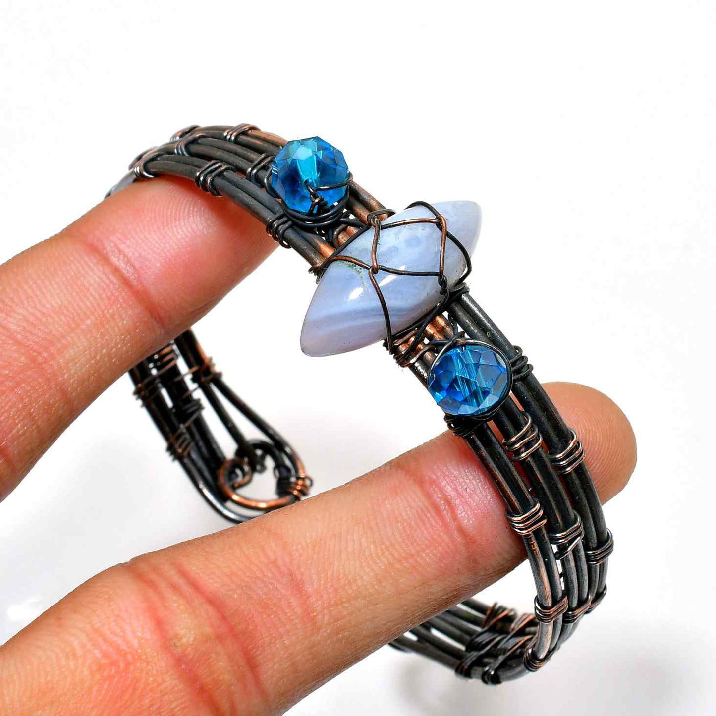 Celestial Awakening – Blue Agate & Copper Crystal Bracelet