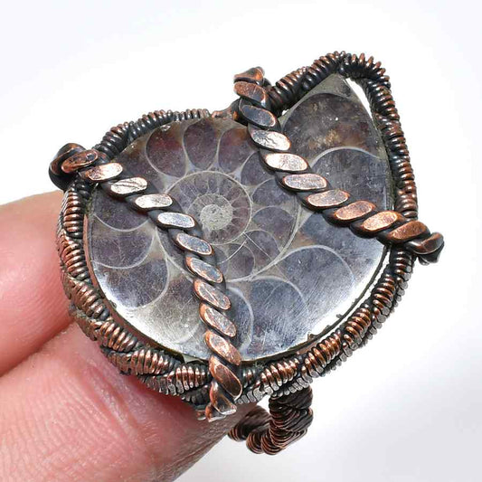 Cosmic Spiral – Copper-Wrapped Ammonite Ring